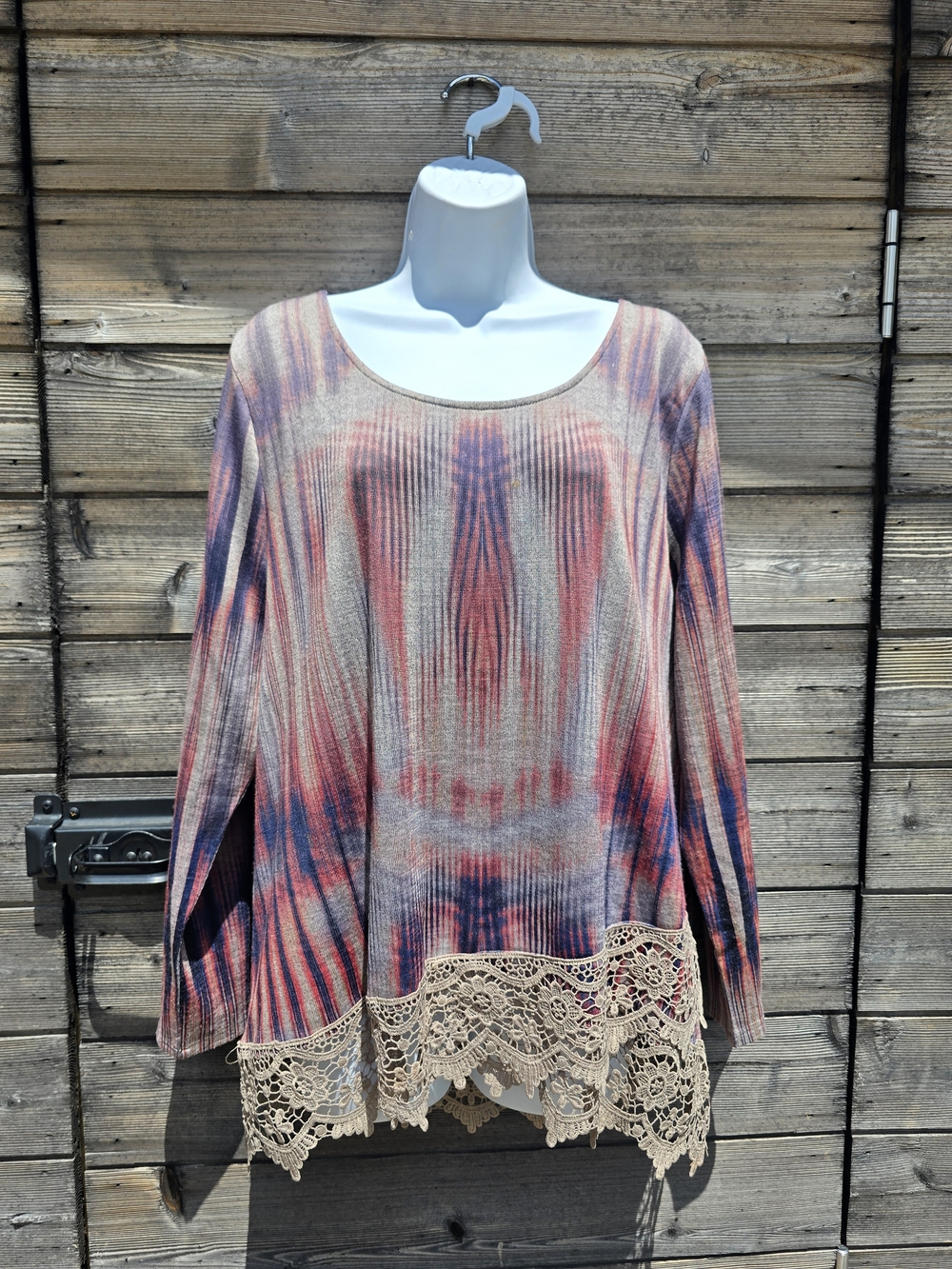 ONE WORLD Pink and Blue Tie-Dye Long Sleeve Tunic with Lace Trim
